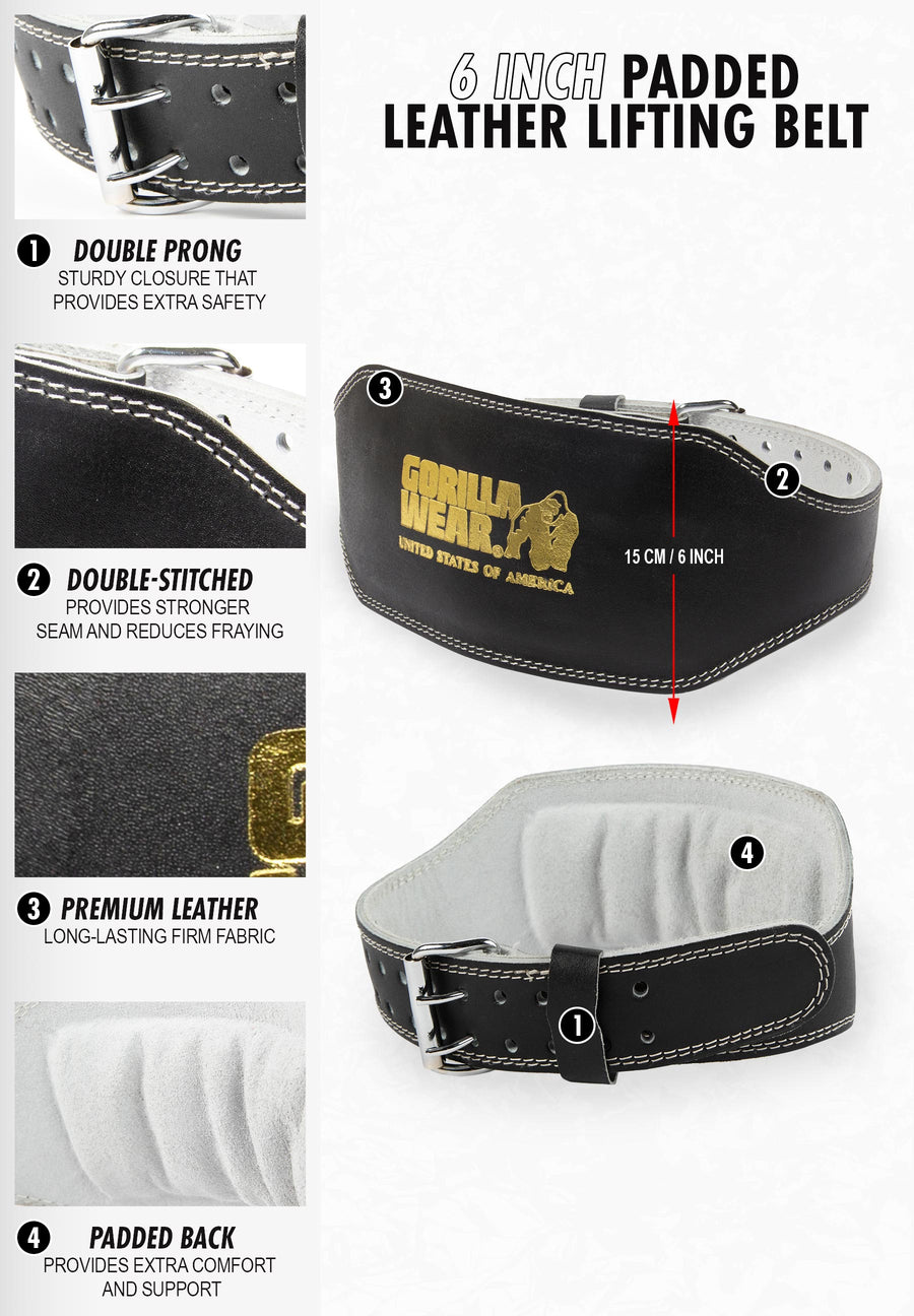 Ceinture de levage rembourrée en cuir Gorilla Wear de 15 cm (6 pouces) - Noir/Noir